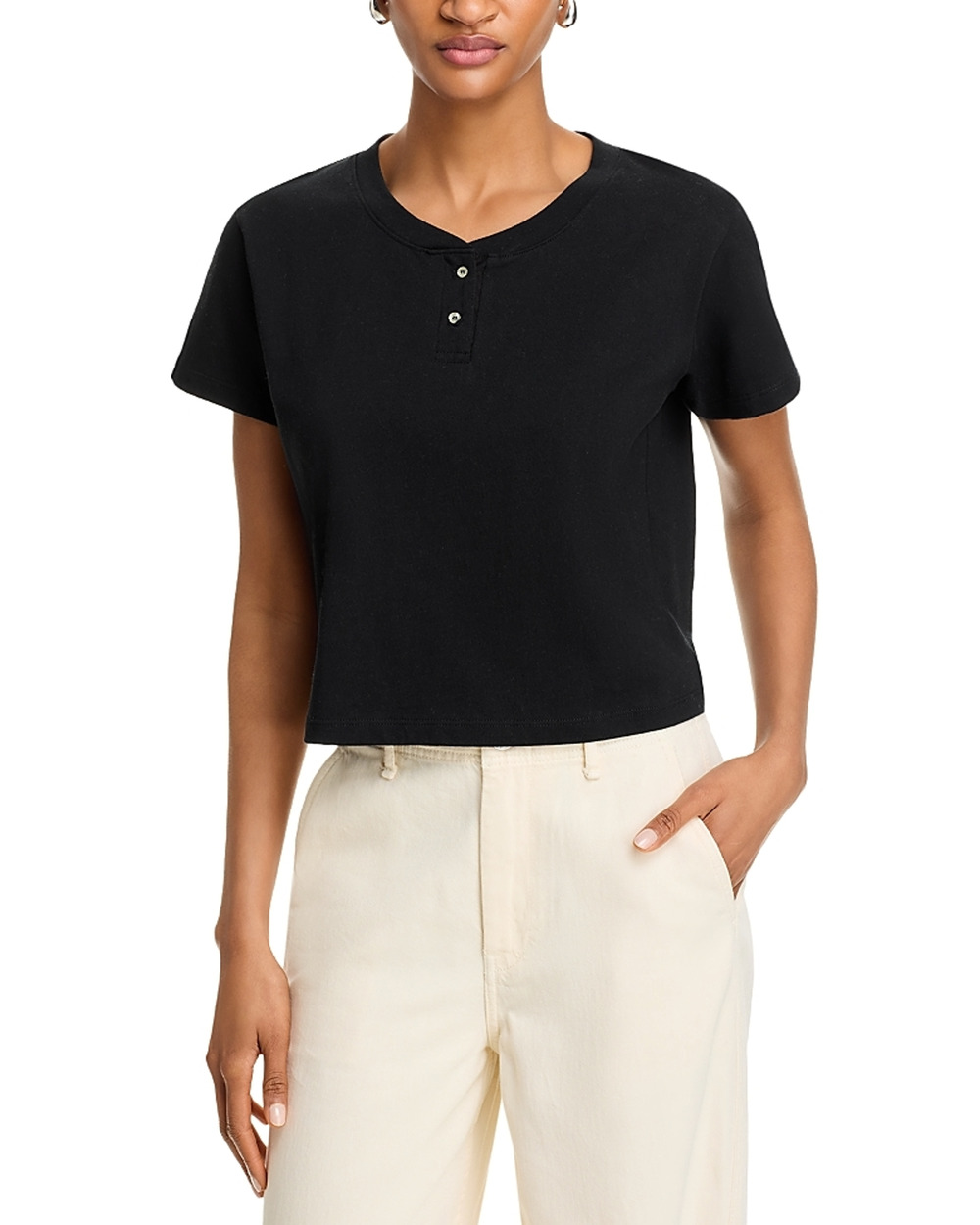 LESET Women Black Cotton Stretch Margo Short Sleeve Crop Henley Tee Size L